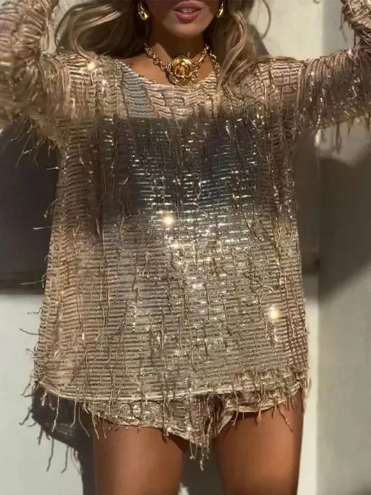 CHIC SEQUIN TASSEL SHIRT SHORTS SET